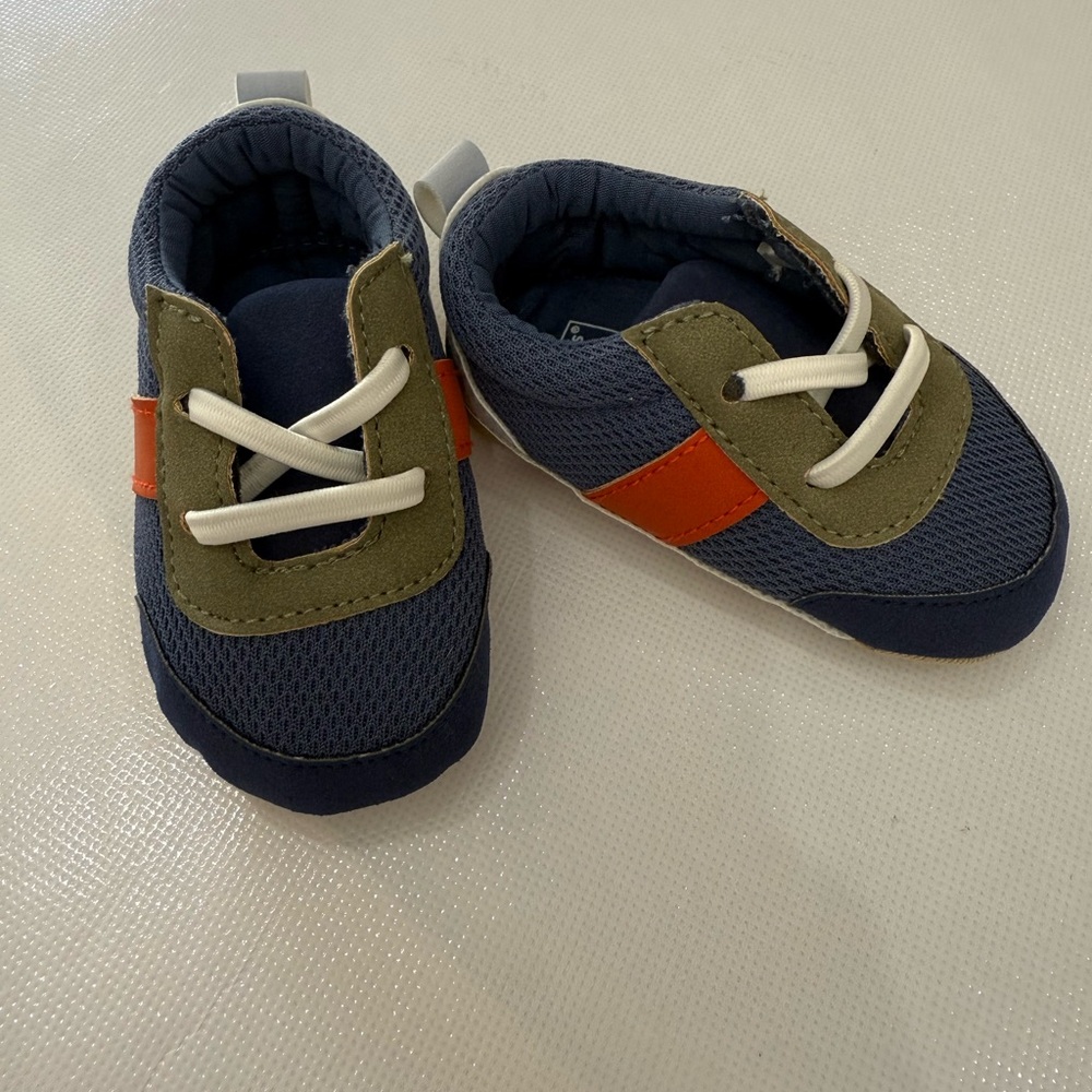 NWOT Carter's Navy and Olive Baby Shoes with Orange Accent 0-3 months